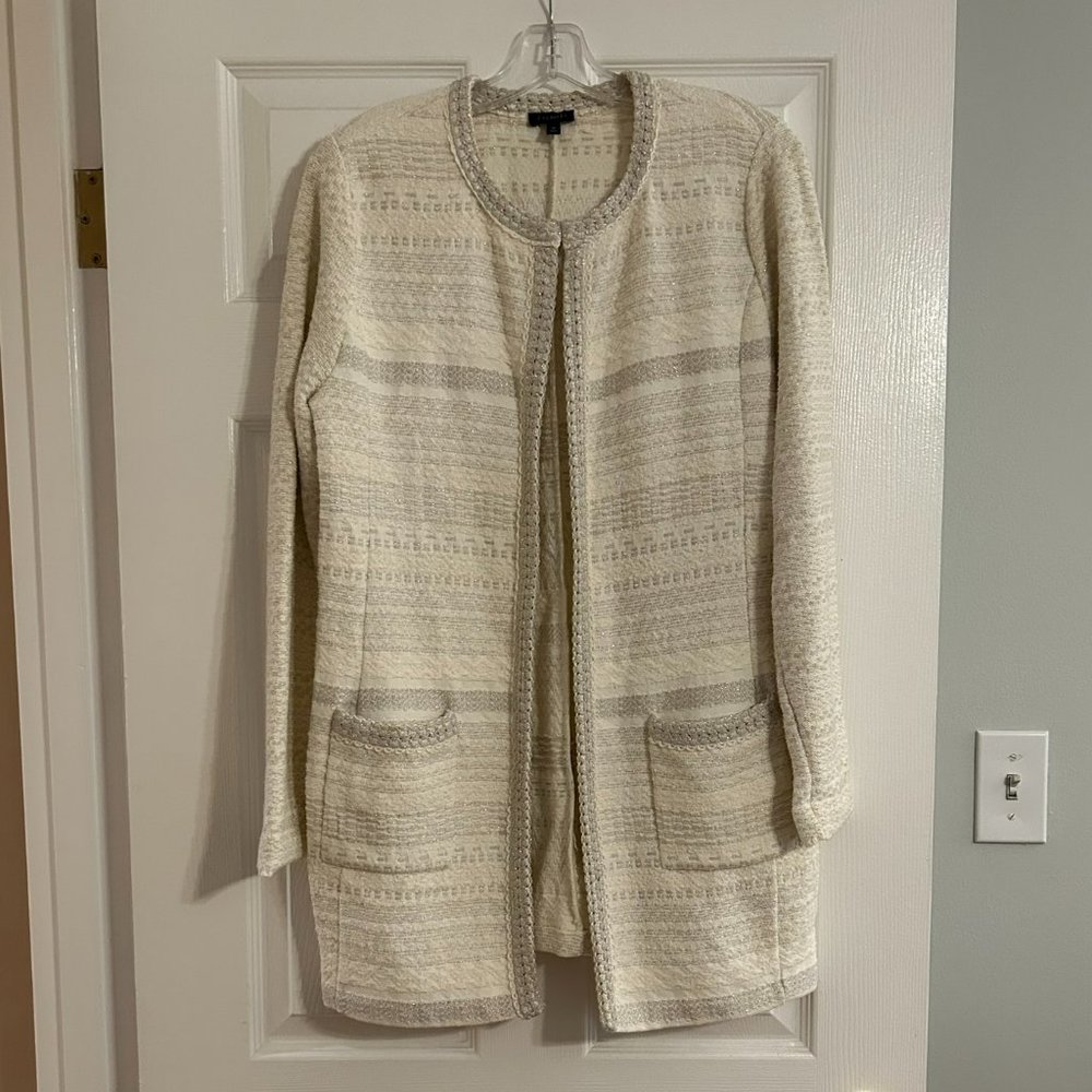 Talbots Woven Long Open Cardigan / Size Medium/ Ivory and Silver Sparkle